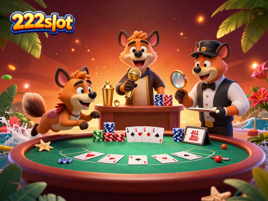 Menghadirkan suasana kasino 222slot dengan hyena menjalani berbagai peran menarik dalam ilustrasi 3D.