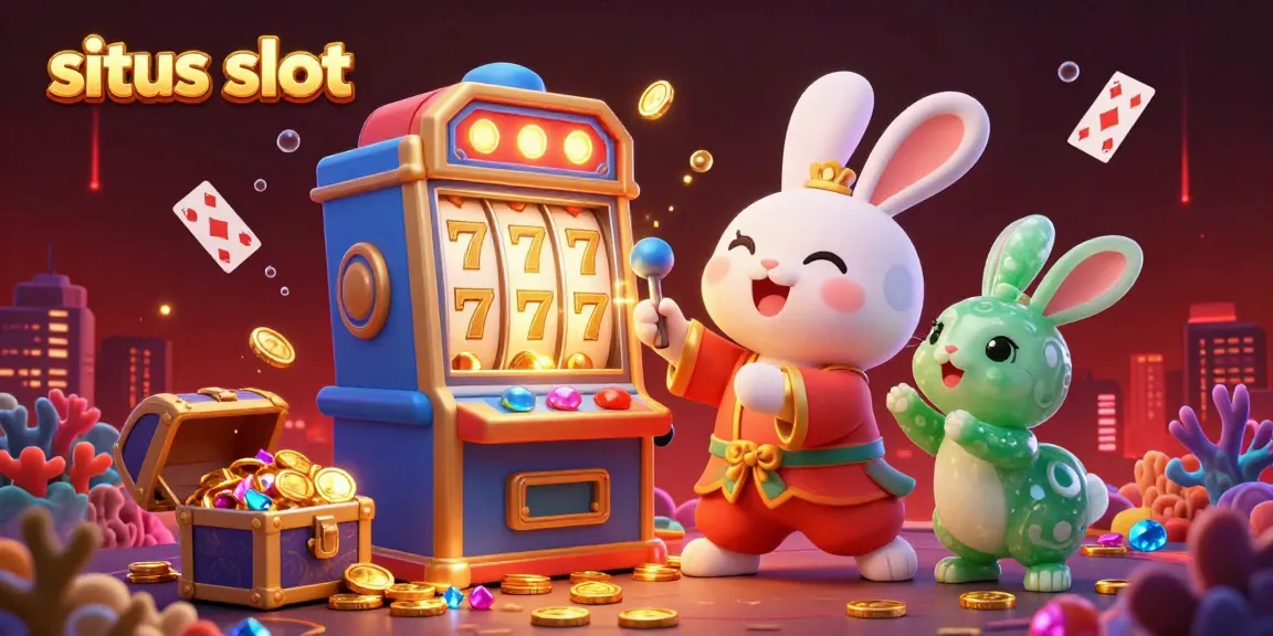 Visualisasi interaksi bersemangat antara karakter kelinci bulan dan mesin slot dengan simbol keberuntungan, menggambarkan situs slot.