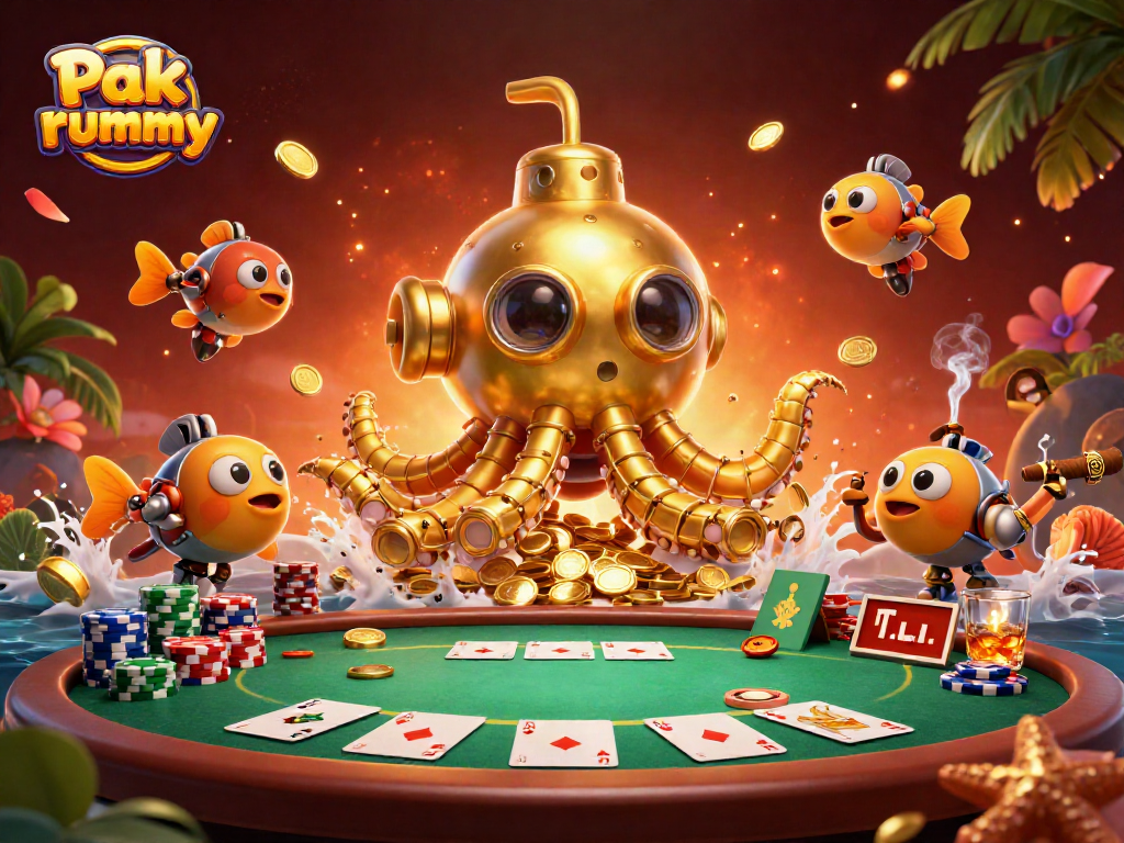 Experience Pak rummy with players at a vibrant poker table amidst gold coins and dynamic gaming elements.