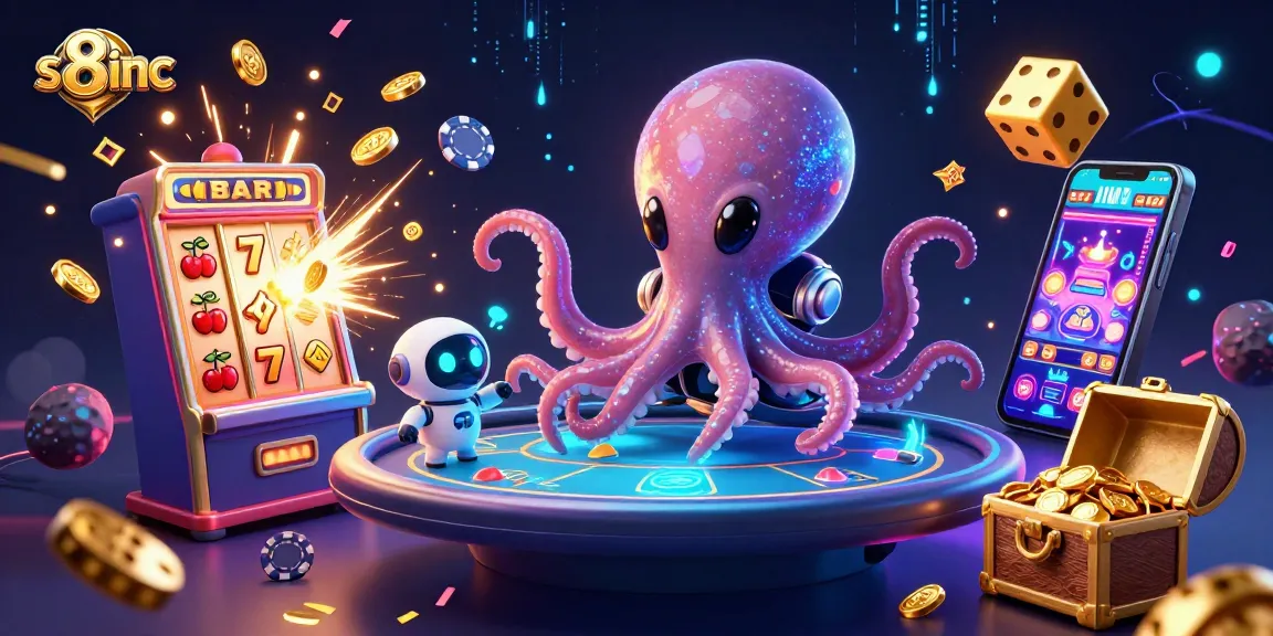 Experience the excitement at s8inc with a vibrant 3D casino scene, showcasing alien characters amidst flying poker elements.