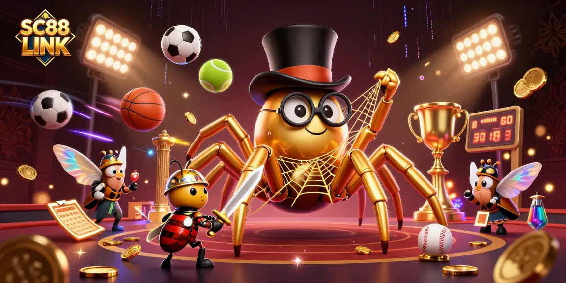 Engage with SC88 LINK, featuring a dynamic 3D casino scene with a golden tarantula and game elements.