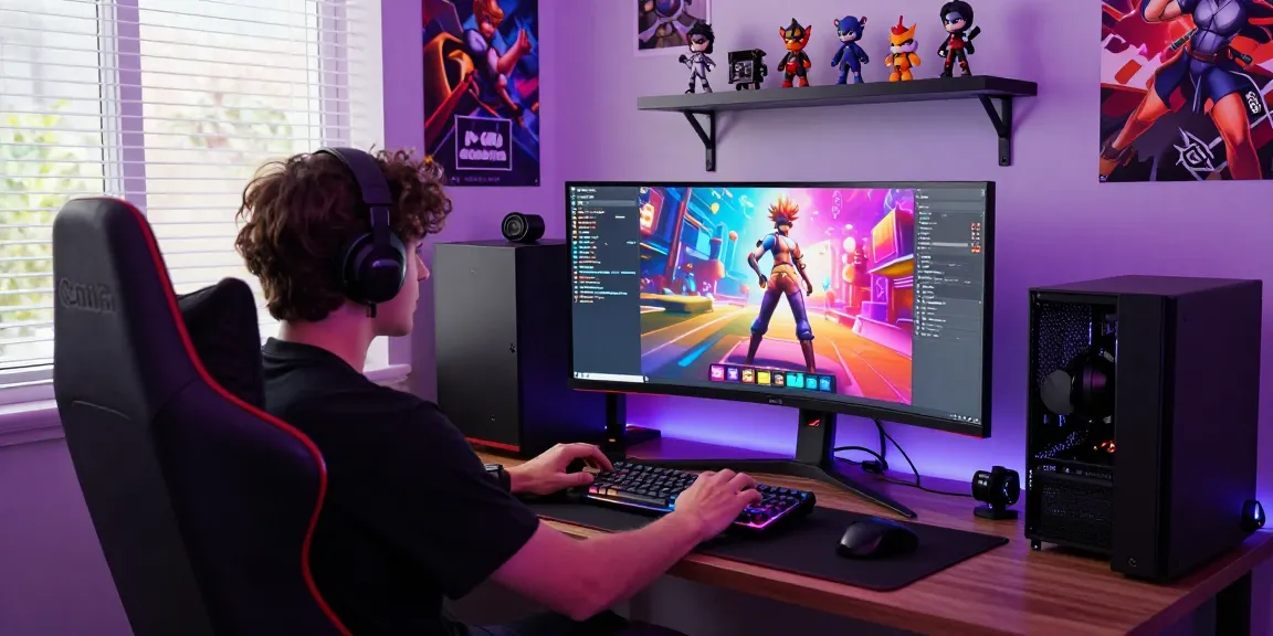Engaged gamer playing a 3d hentai game on a high-resolution monitor, surrounded by RGB lights and collectibles.