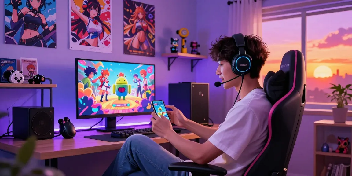 Engaging scene of user enjoying android hentai game on smartphone in vibrant gaming environment.