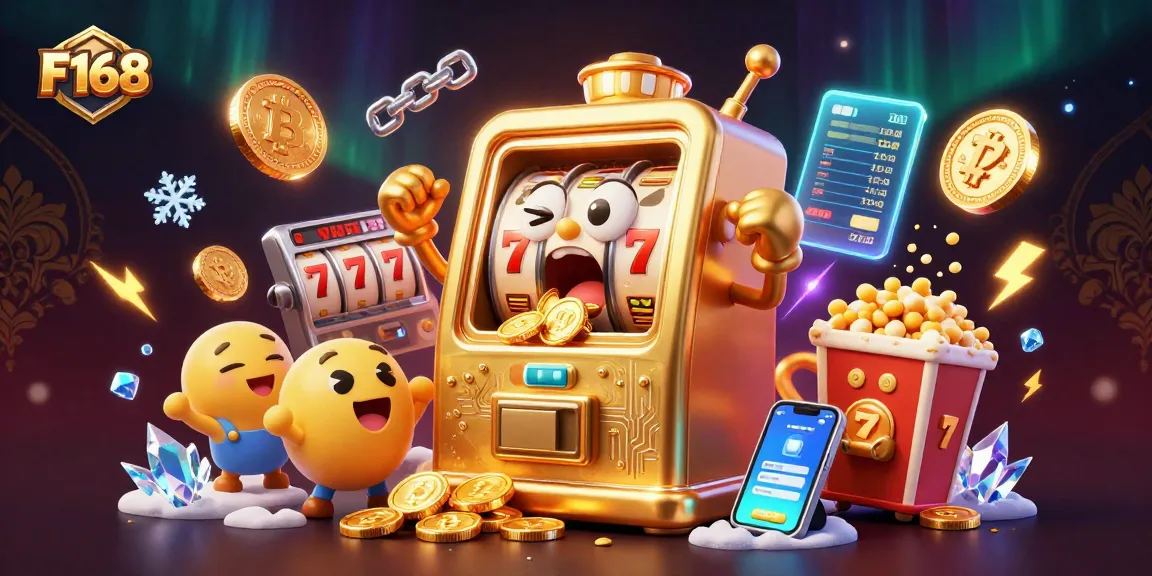 Engage with F168's dynamic gaming experience featuring vibrant slot machines and crypto elements.