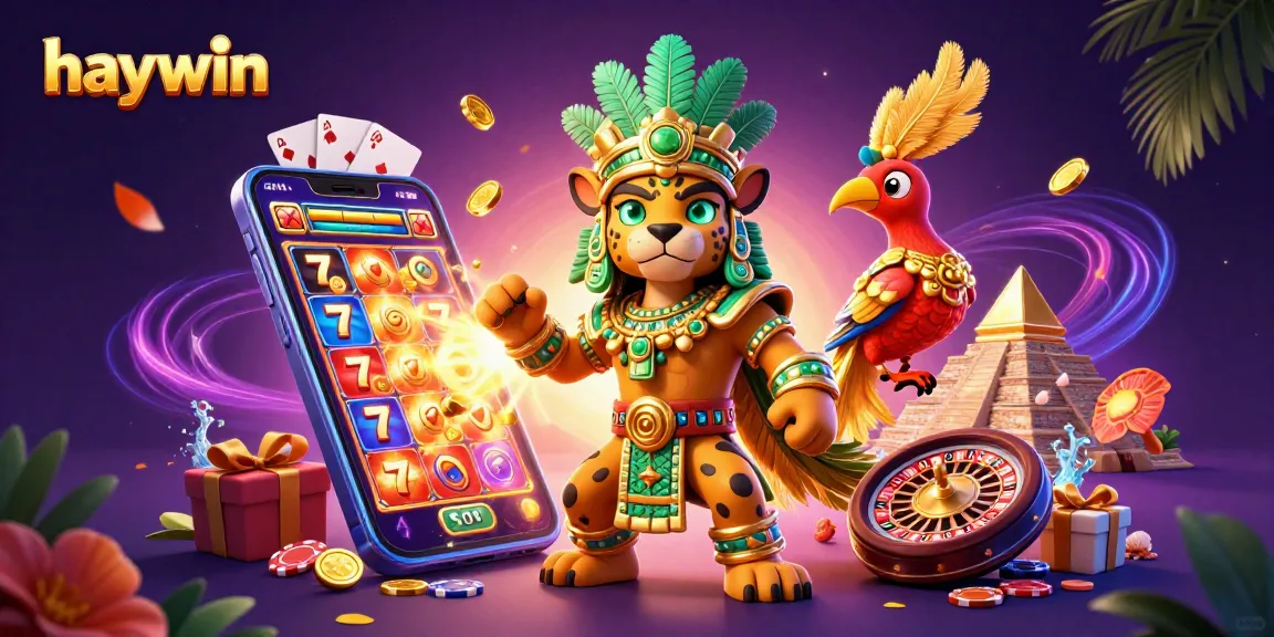 Experience excitement at Haywin with a stunning 3D illustration of gaming elements and characters.