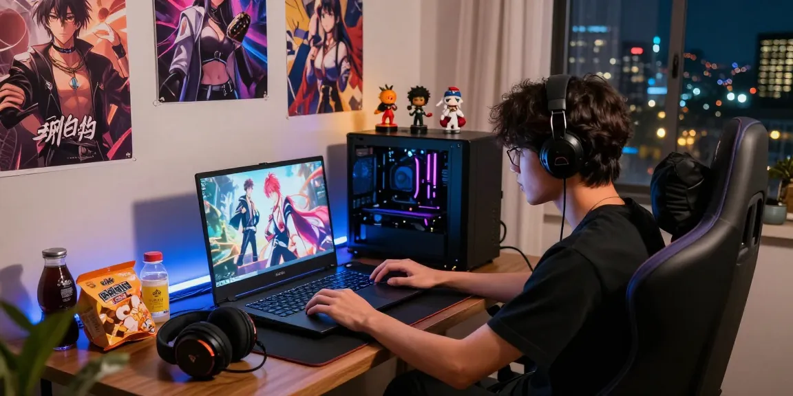 Engaged gamer playing hentai games in a cozy room with vibrant decor.