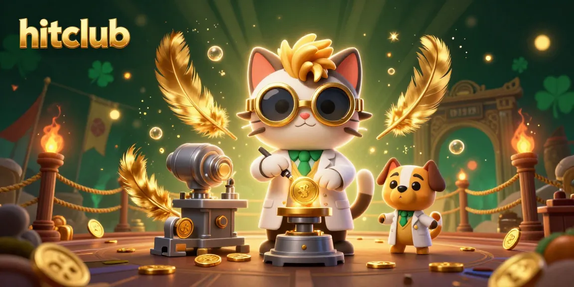 Hitclub engages gamblers in a vibrant 3D scene featuring a mad scientist cat and assistant amidst gold coins and casino elements.