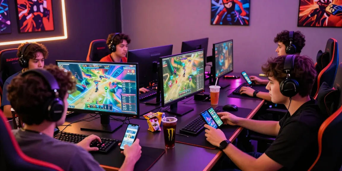 Players engaged in Raja Game login on vibrant gaming setups with dynamic visuals, energy drinks, and snacks.