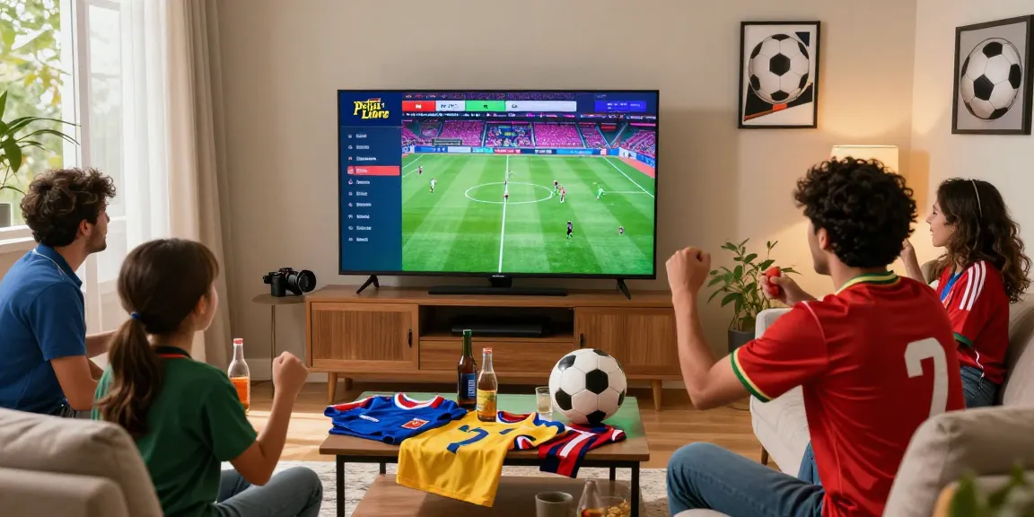 Excited fan enjoying Pelota Libre football streaming with friends in a cozy living room.