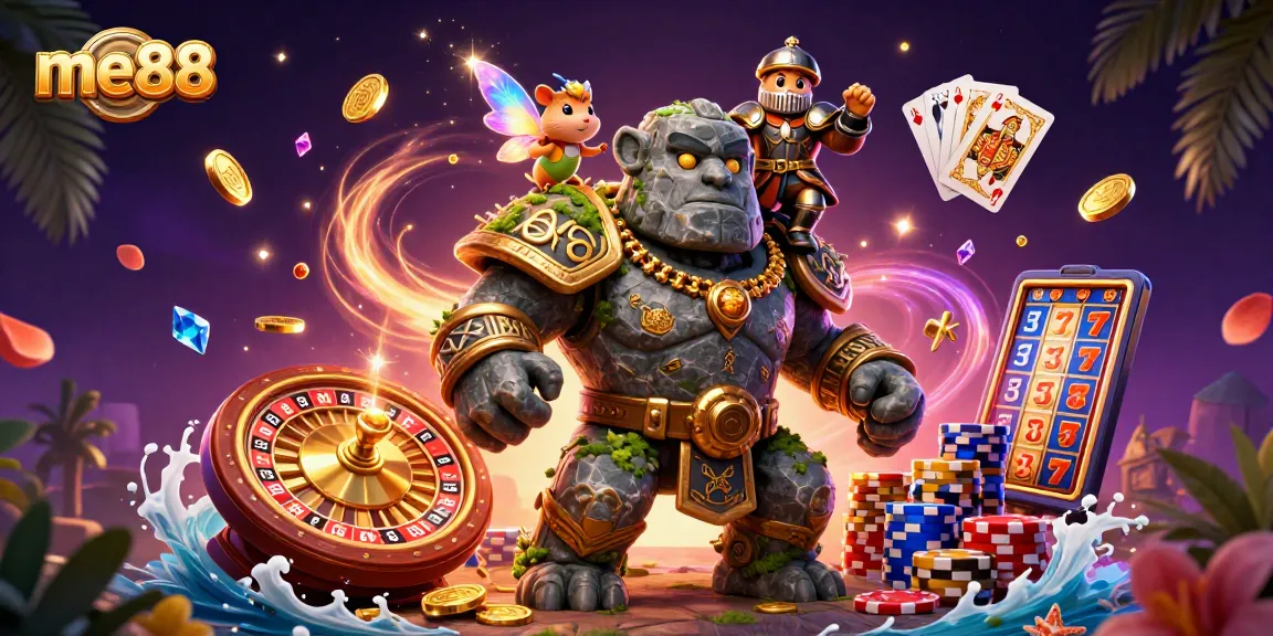 Win big at me88 with exciting casino games and magical characters in vibrant illustration.