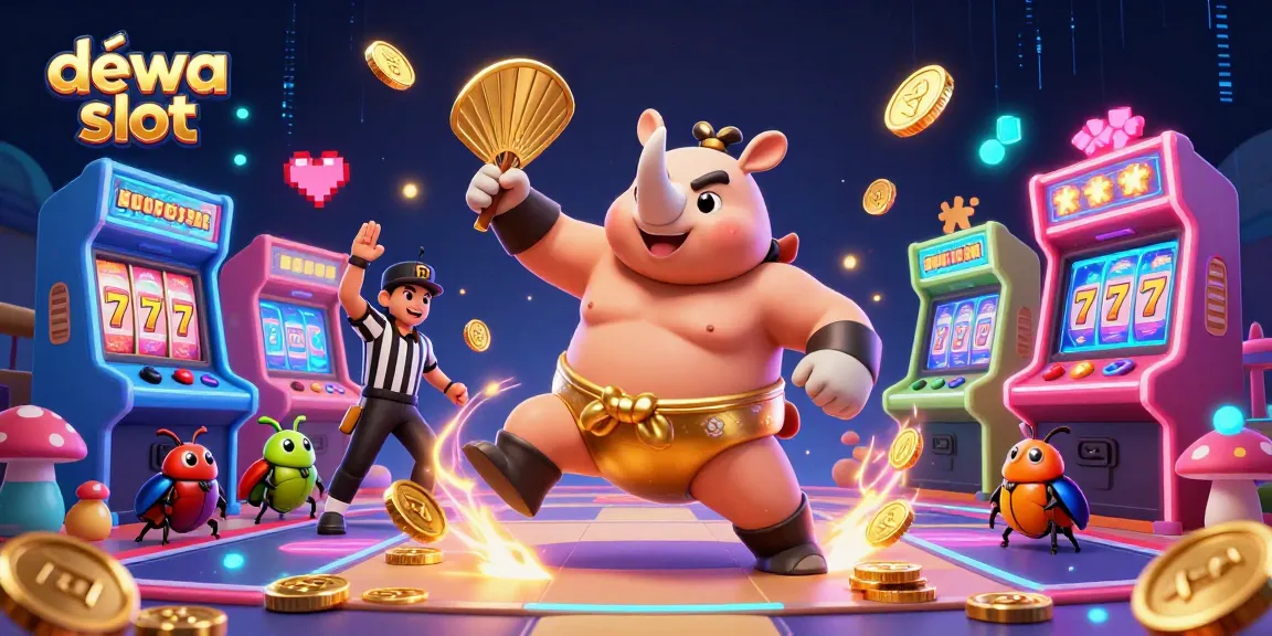 Mainkan dewa slot dalam permainan menarik dengan karakter unik dan simbol perjudian di latar belakang.
