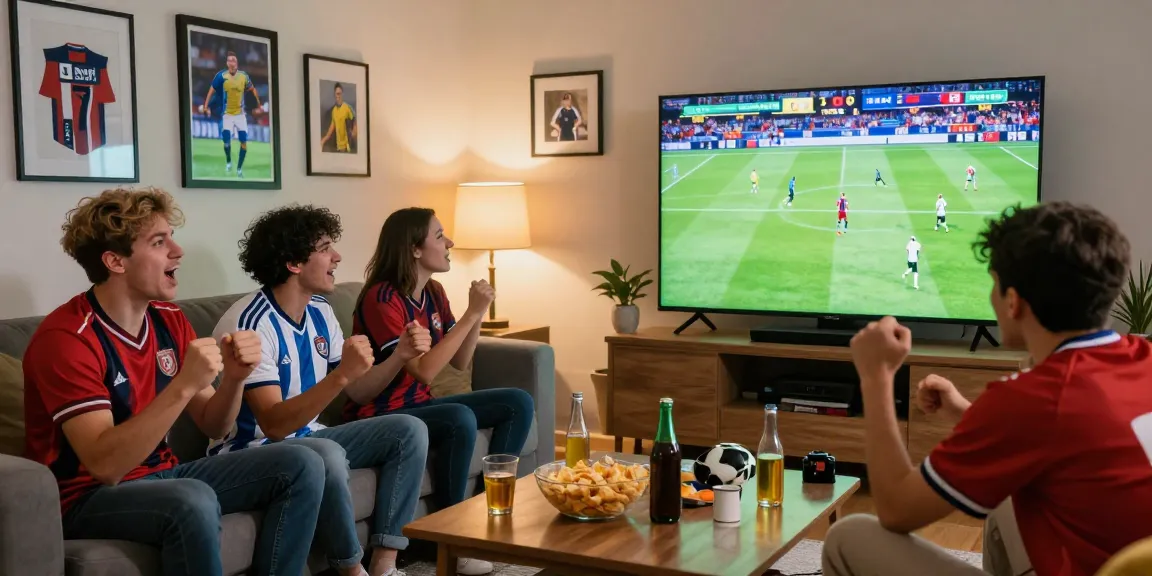Friends enjoying a live football match with ihdsports on TV, vibrant atmosphere, sharing snacks.