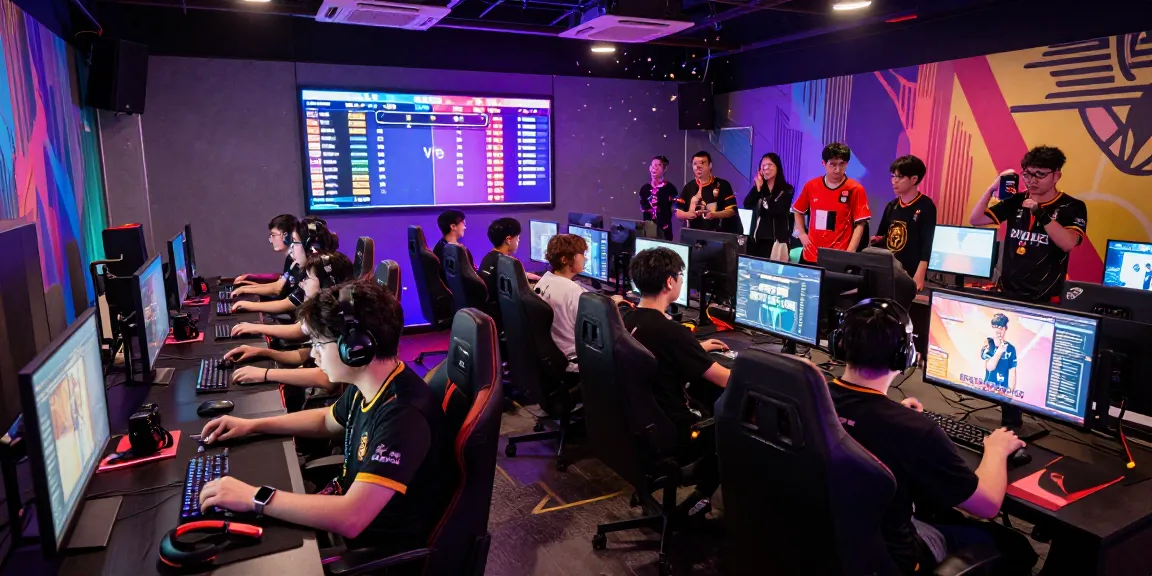 Hitclub gaming community in vibrant esports arena with players, cheering fans, and colorful lighting